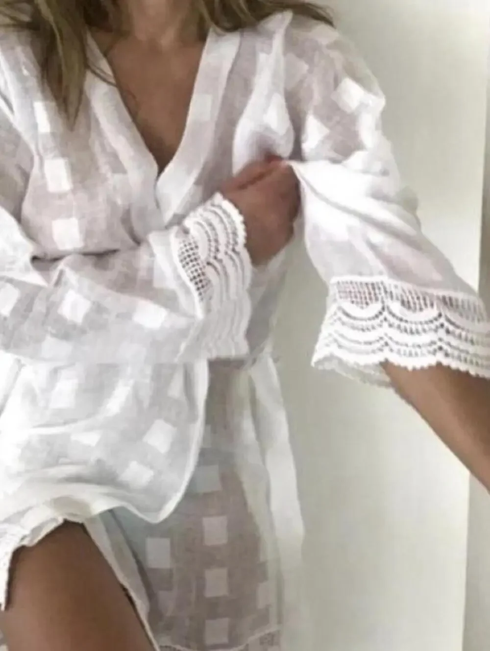 Elizabeth Hurley Beach Coverup Linen/Cotton India White Boho Sexy One Size Lace - Picture 1 of 13